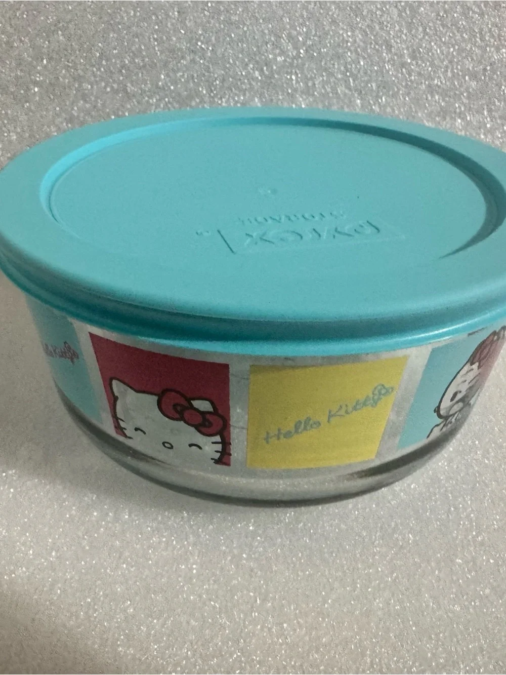 Sanrio Hello Kitty Glass Bowl with Turquoise Lid and Colorful Panels